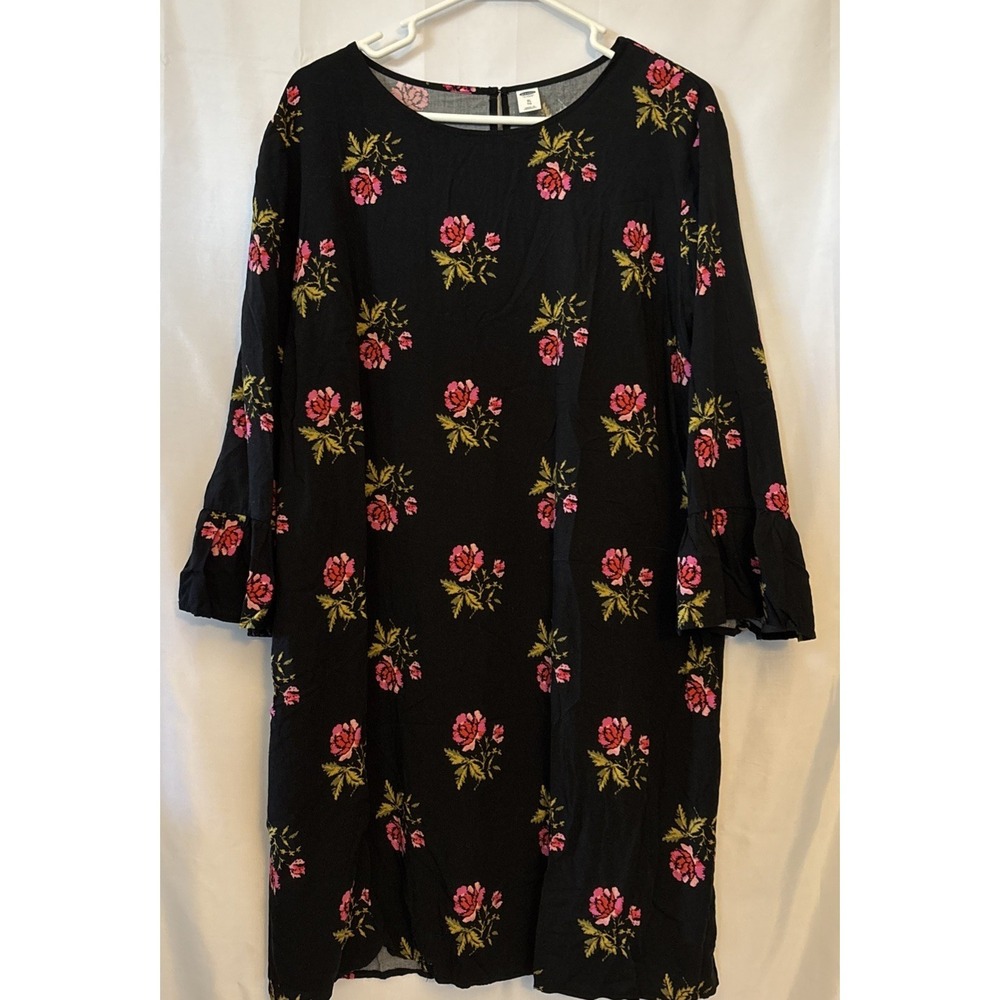 Old Navy Black Pink Rose Floral Shift‎ Dress Women's Sz XL Bell Sleeve Key Hole